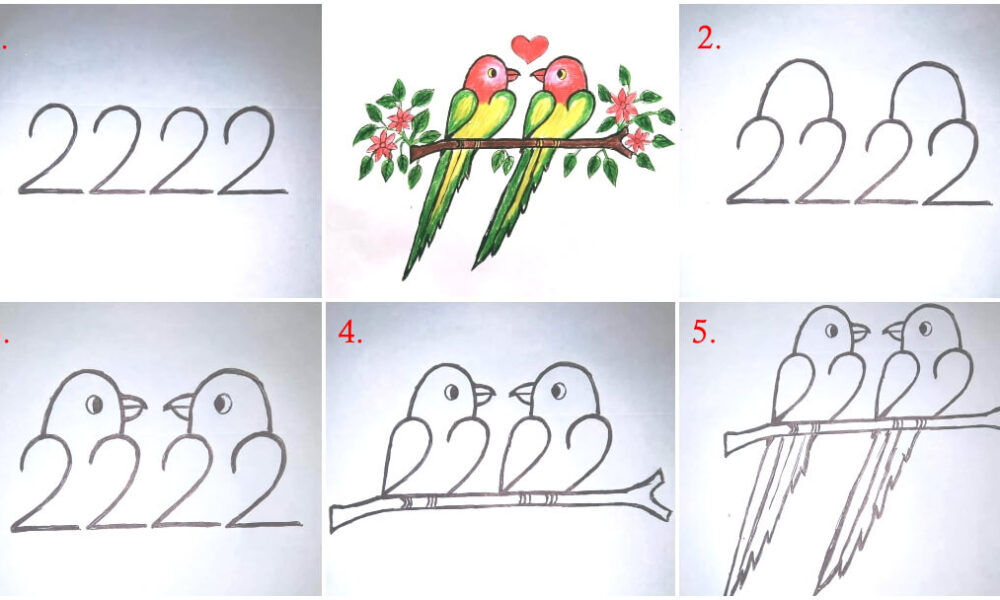 Cute Parrot Couple Drawing Step by Step Tutorial - Kids Art & Craft