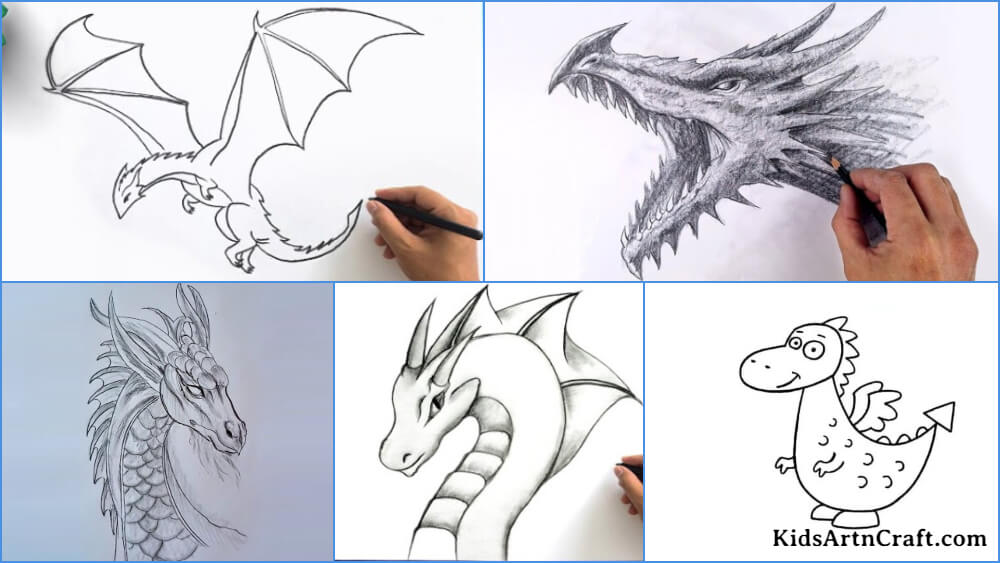 Baby dragon drawing: Cute, Realistic, in a Egg and for Kids