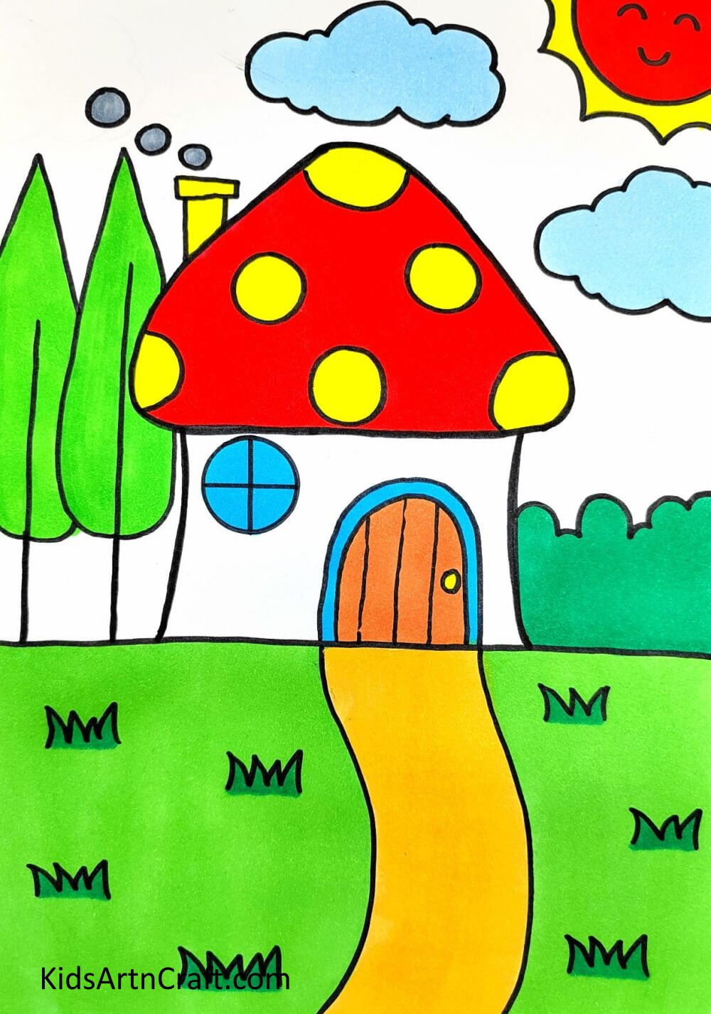 Draw a Mushroom House Step by Step Tutorials - Kids Art & Craft