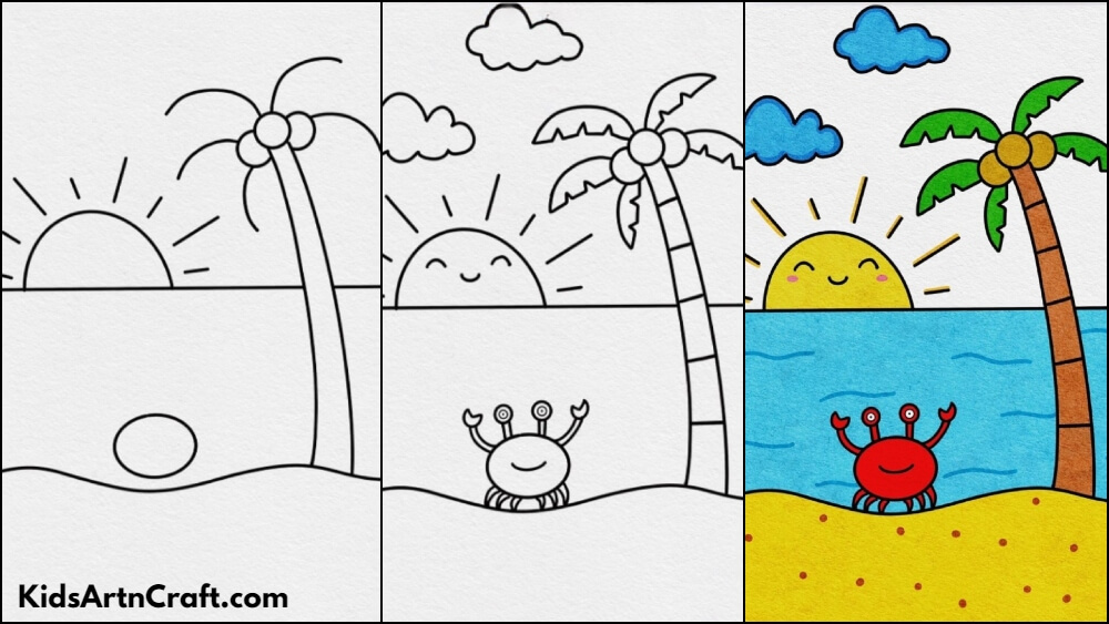 Childrens Drawing Of Happy Children On The Beach High-Res Vector Graphic -  Getty Images