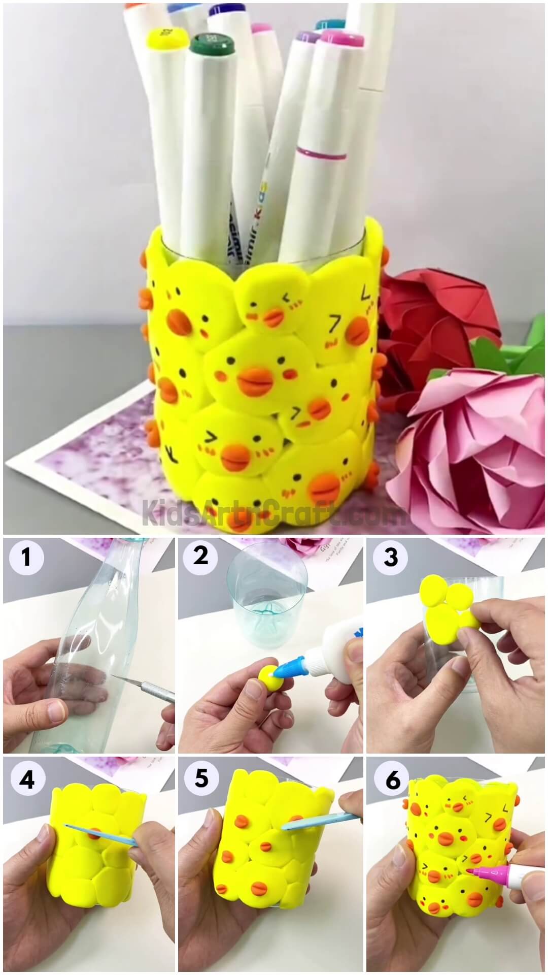 Recycled Chick Pattern Pencil Stand Craft Step by Step Tutorial